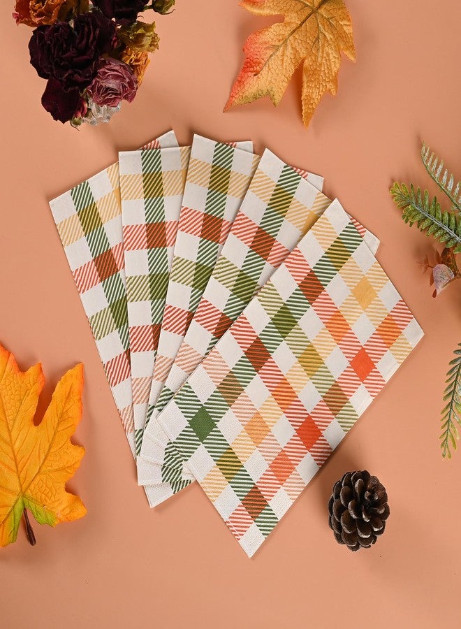 Elyxio 100 Fall Plaid Paper Napkins Autumn Colors Paper Hand Towels Thanksgiving Harvest Disposable Party Napkins Modern Farmhouse Orange Green Check Decorative Napkins for Party Supplies - Image 4